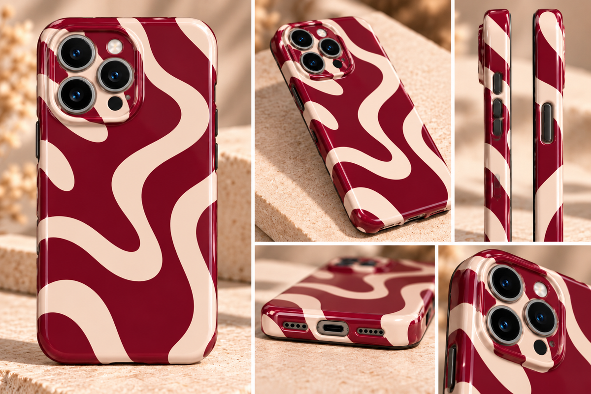 Burgundy and Cream Wavy iPhone Case, Retro Full-Wrap Phone Cover