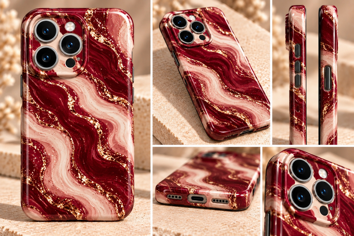 Burgundy Marble iPhone Case – Blush & Gold Swirl Design