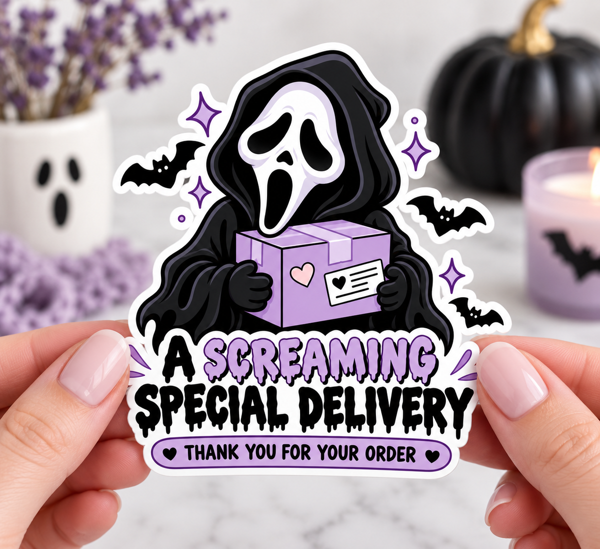 A screaming Special Delivery Halloween packaging stickers