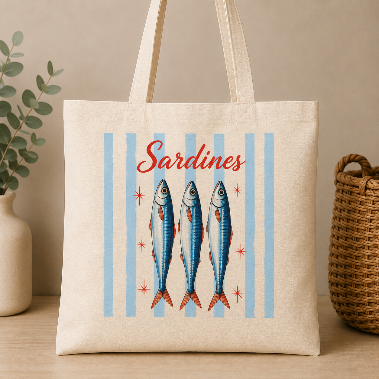 Sardines costal charm tote bags