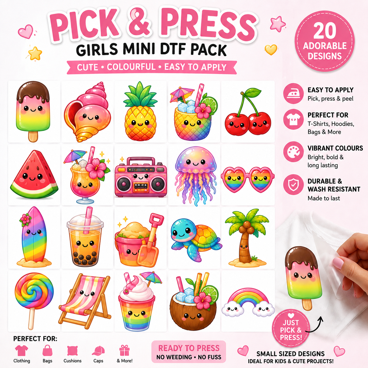 Pick and press girl mini DTF Transfers 20 pack Summer Kawaii