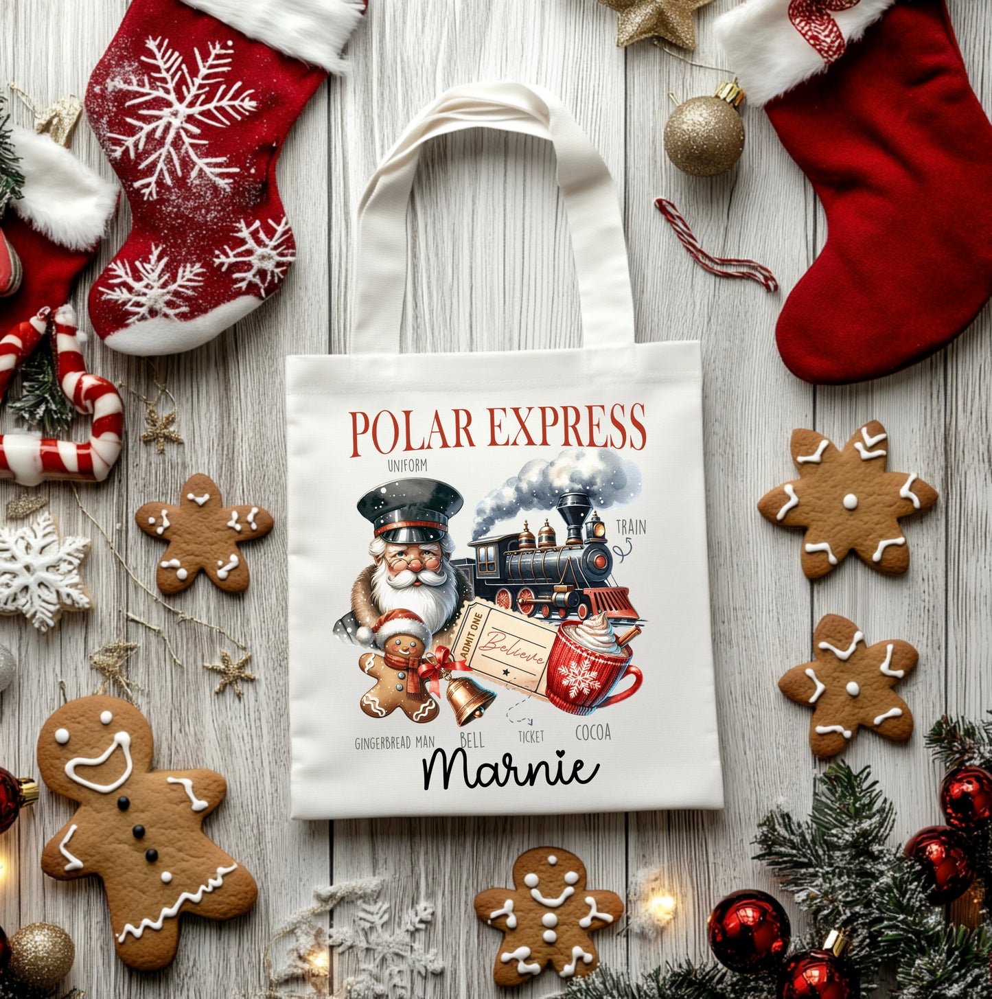 personalised Polar express Christmas tote bags