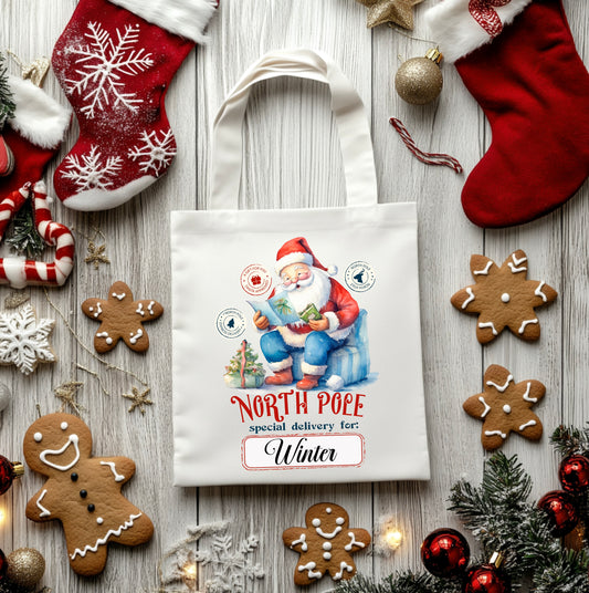 North Pole santa personalised Christmas tote bags