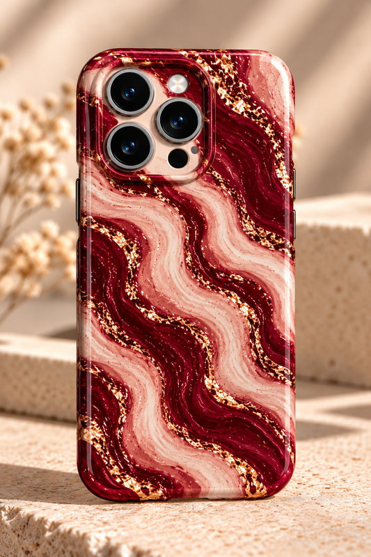 Burgundy Marble iPhone Case – Blush & Gold Swirl Design