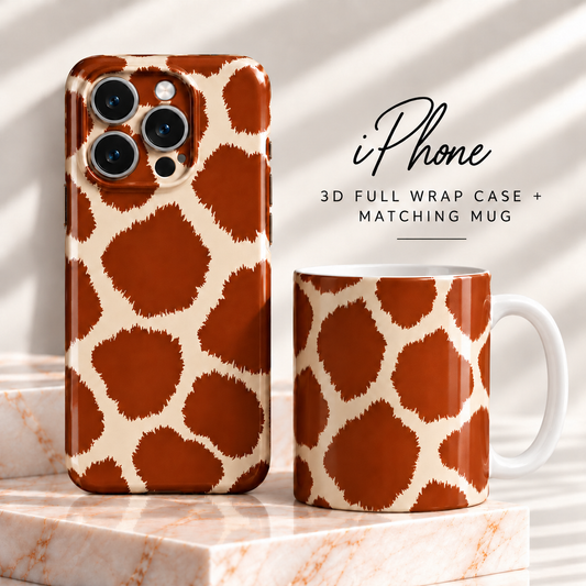 Rust Brown Animal Print iPhone Case & Matching Mug, Cream Full Wrap Design