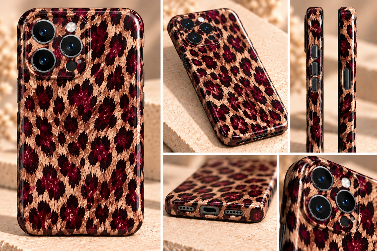 Burgundy Leopard print phone case full wrap