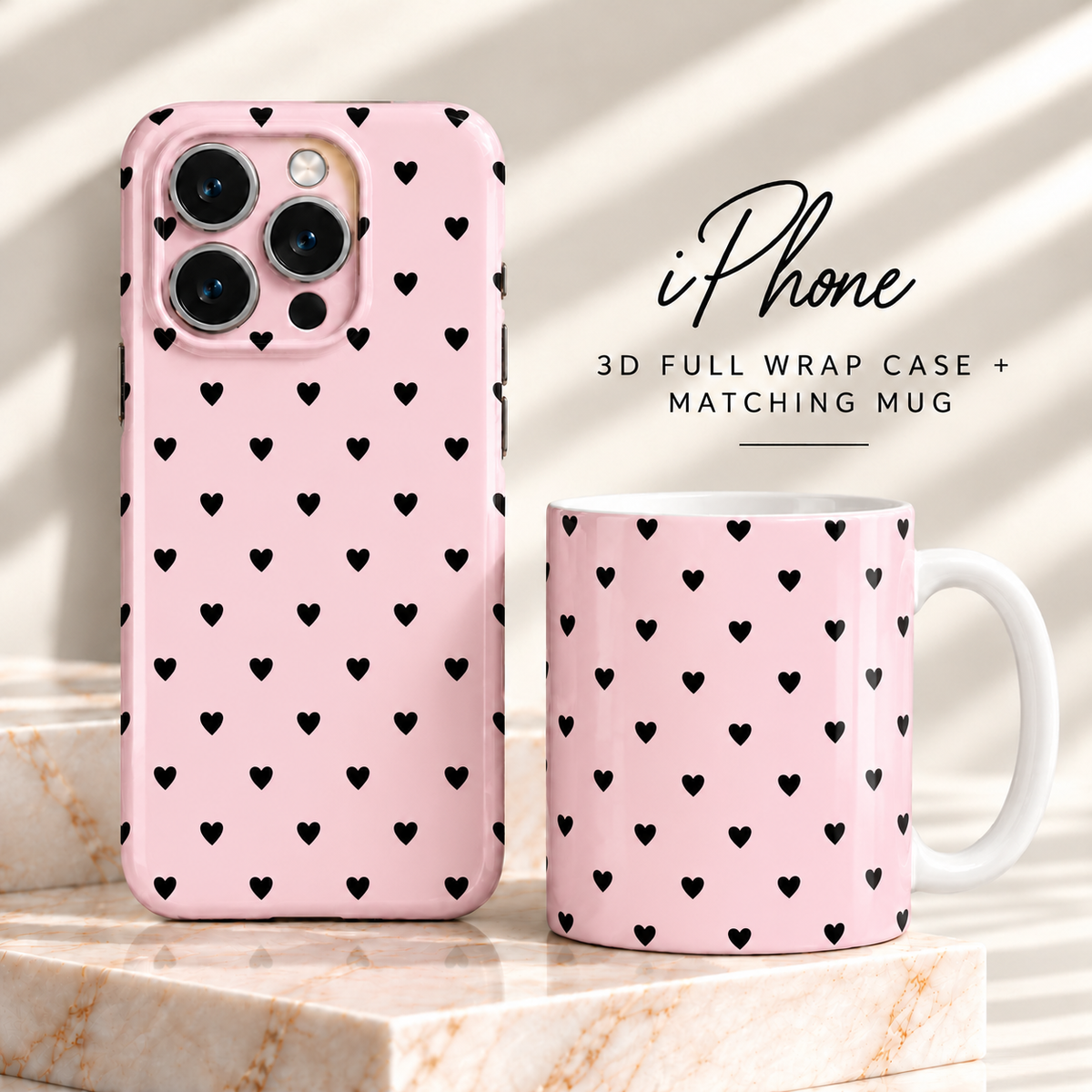 Pink Heart Phone Case and Matching Mug Set, Blush Pink and Black Hearts, Cute Gift for Her
