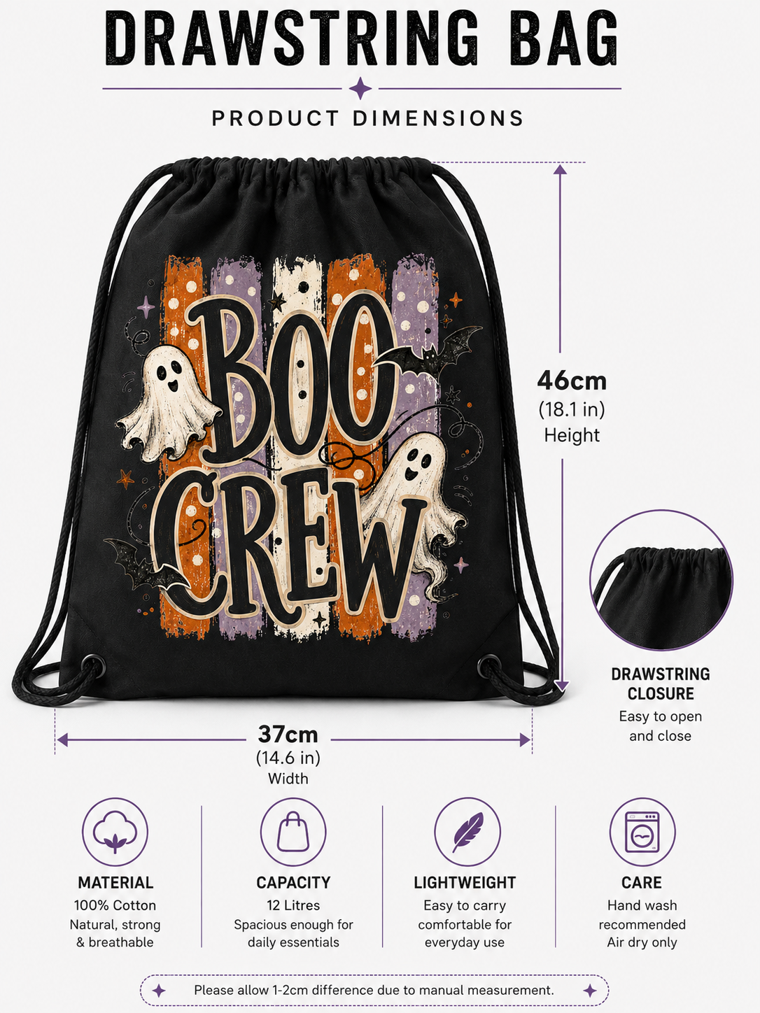BOO CREW Halloween Drawstring Bag – 100% Cotton | Trick or Treat Bag