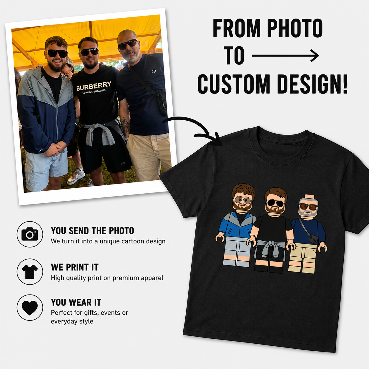 Custom Photo to custom Cartoon T-shirt|Upload your photo