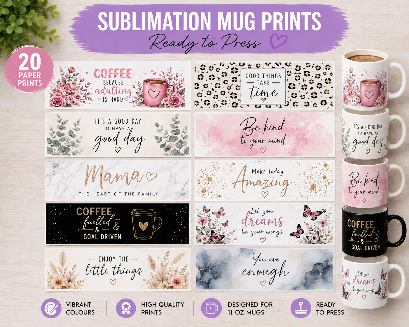 20 sublimation Mug prints | Ready to press upload your designs