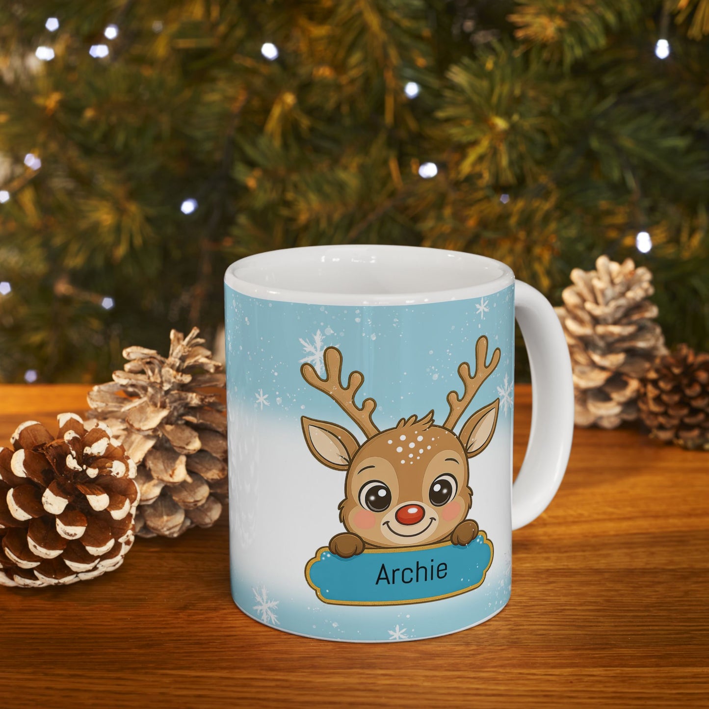 blue personalised reindeer mug gifts