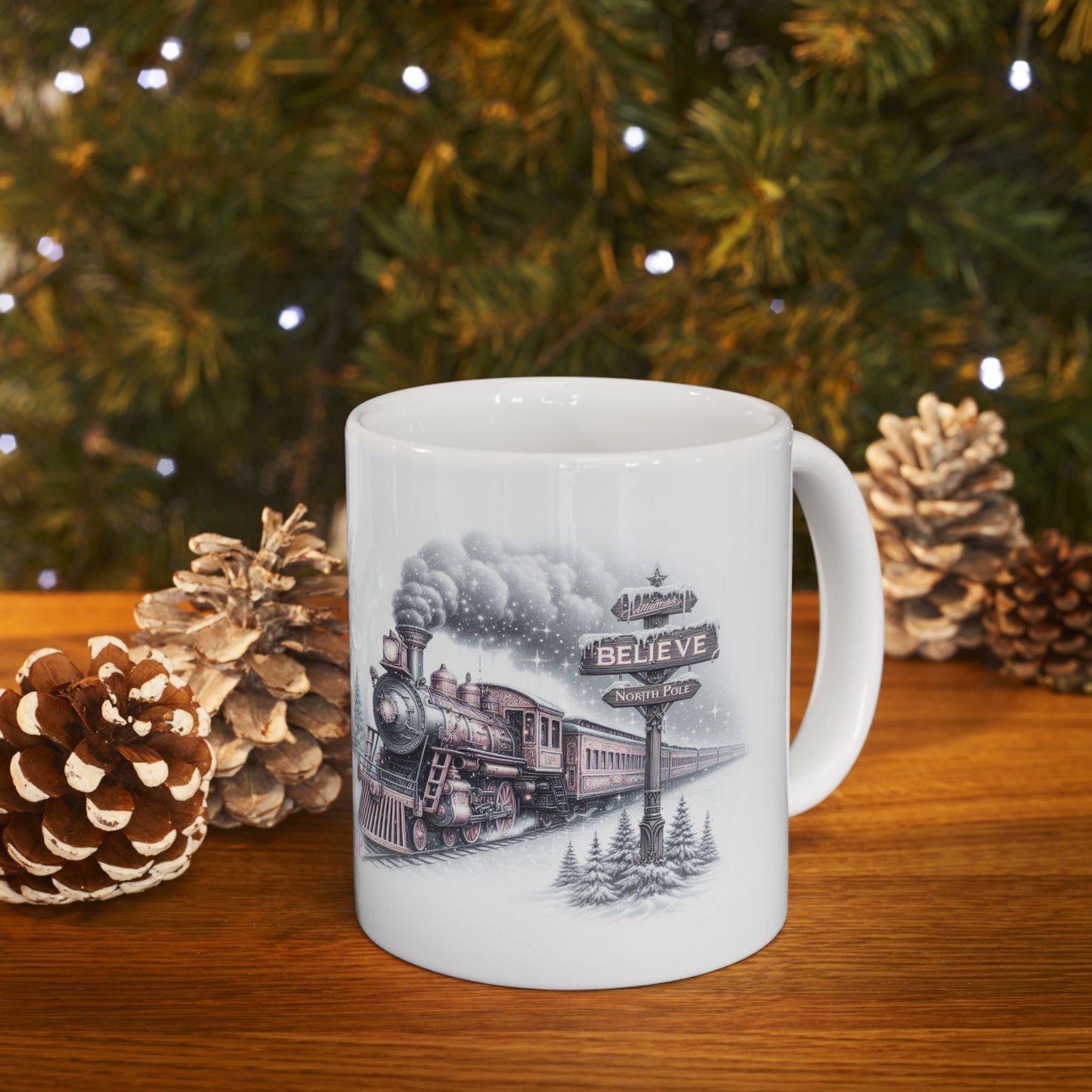 personalised Christmas I believe magical train design mugs