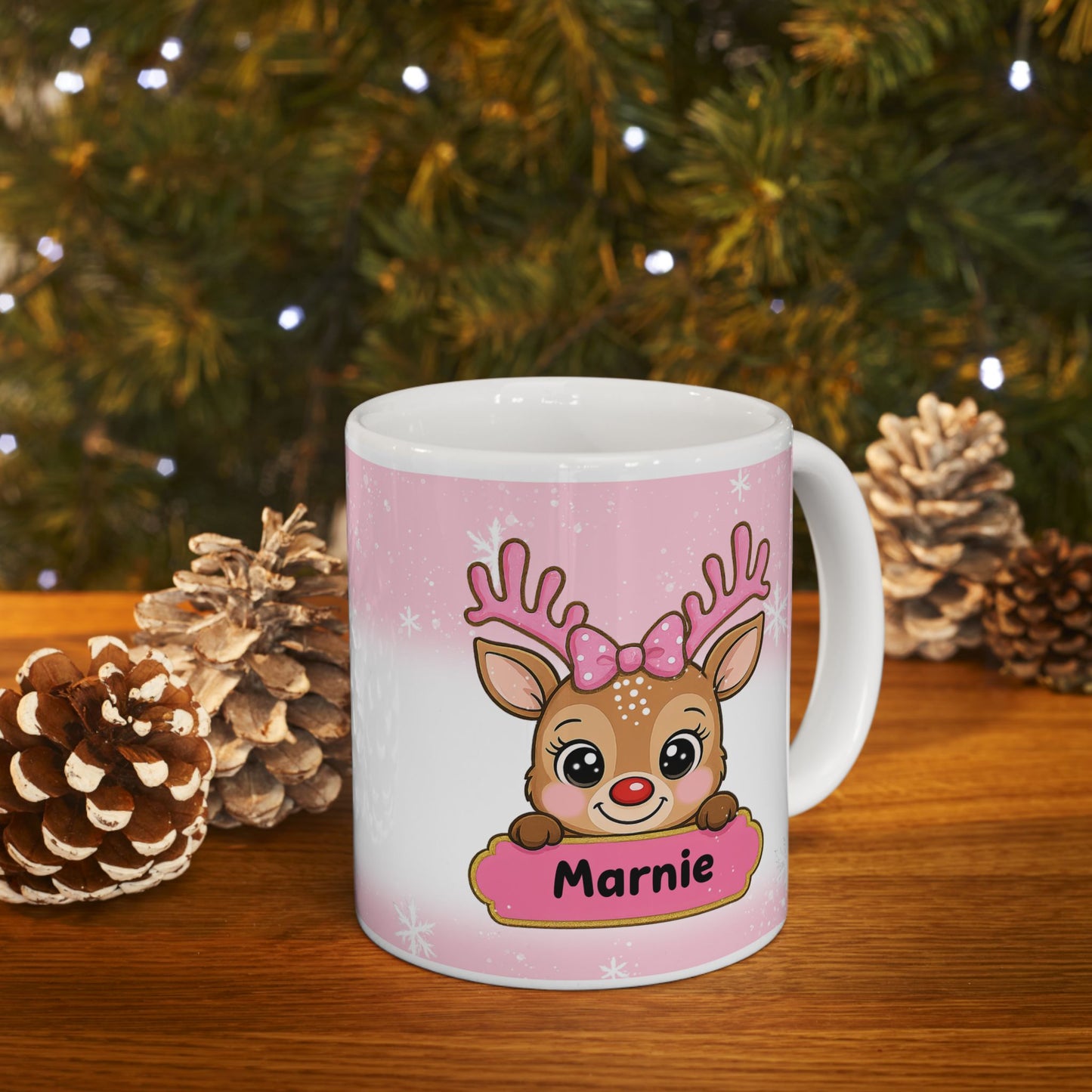 Pink personalised reindeer mug gifts