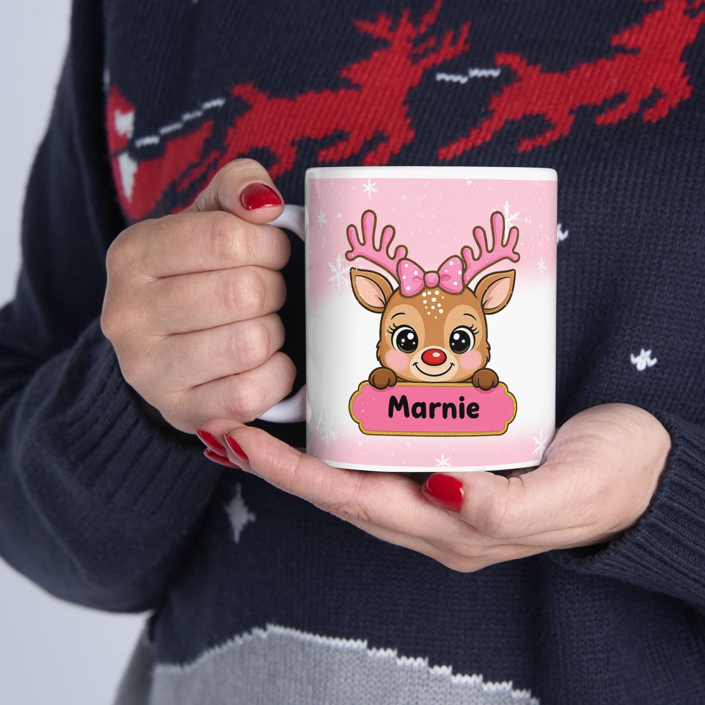 Pink personalised reindeer mug gifts