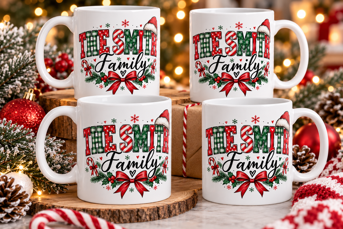 personalised family matching Christmas mugs