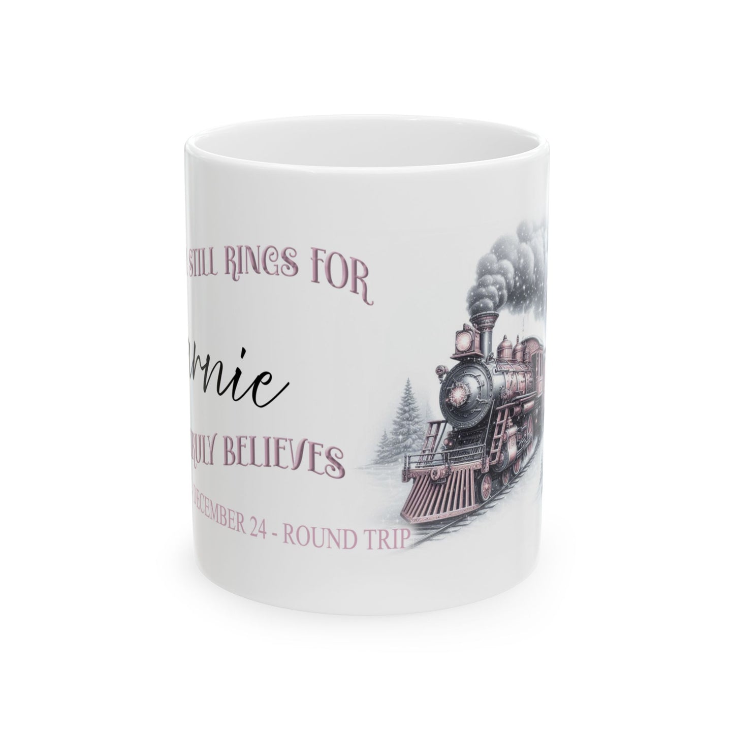 personalised Christmas I believe magical train design mugs