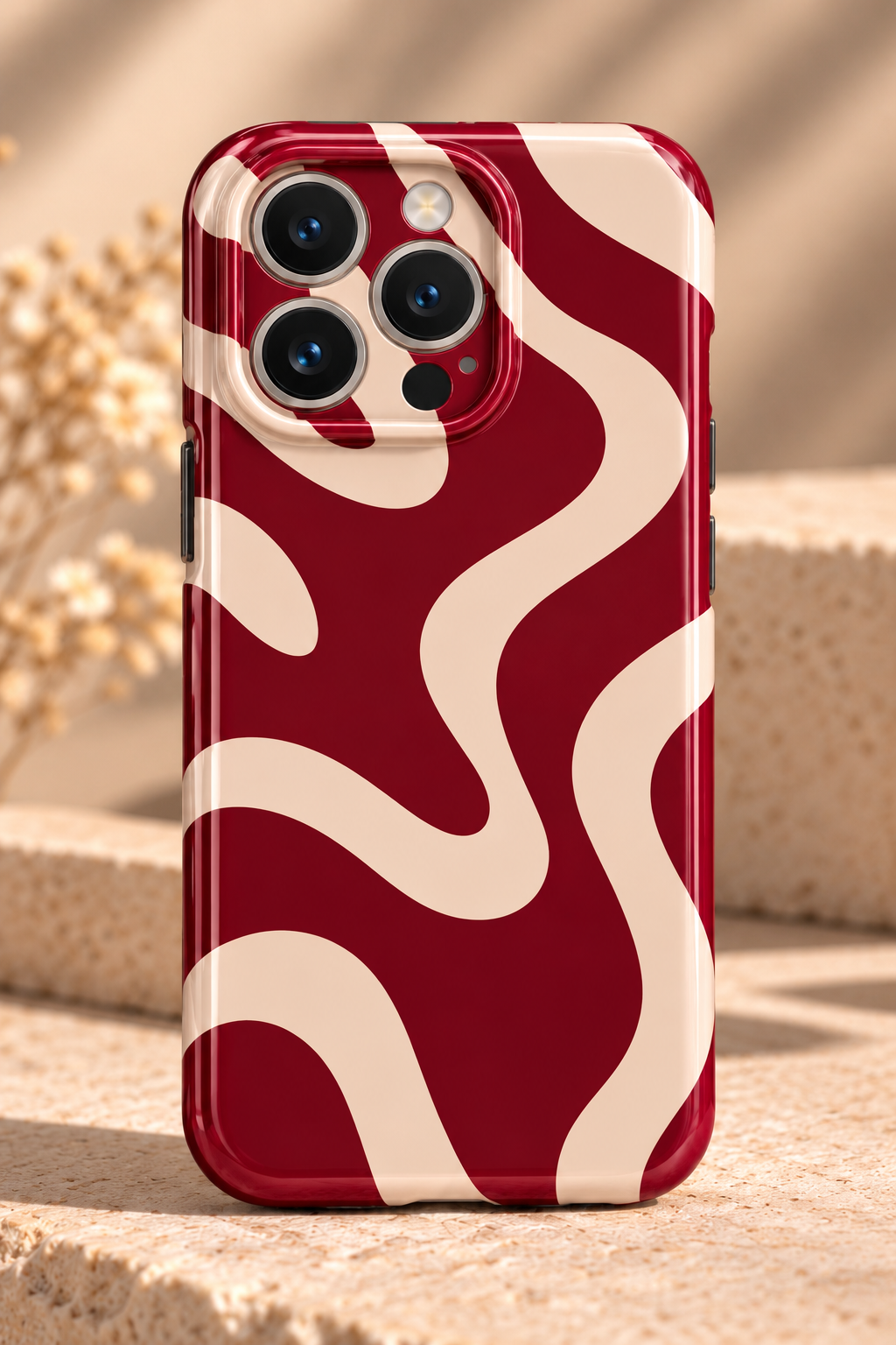 Burgundy and Cream Wavy iPhone Case, Retro Full-Wrap Phone Cover