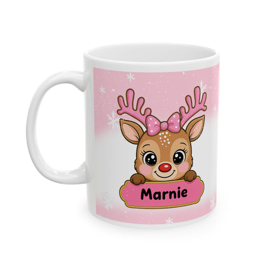 Pink personalised reindeer mug gifts