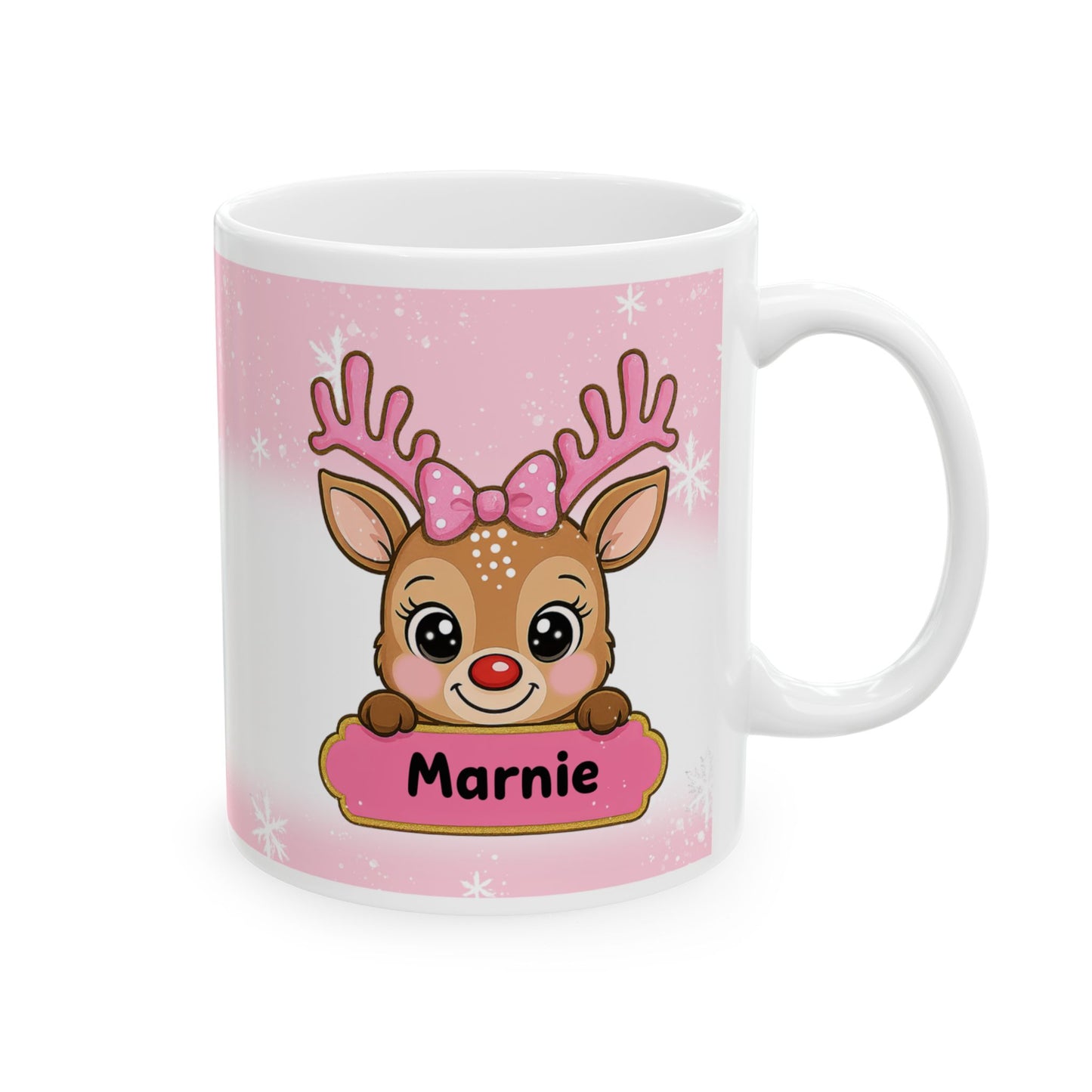 Pink personalised reindeer mug gifts