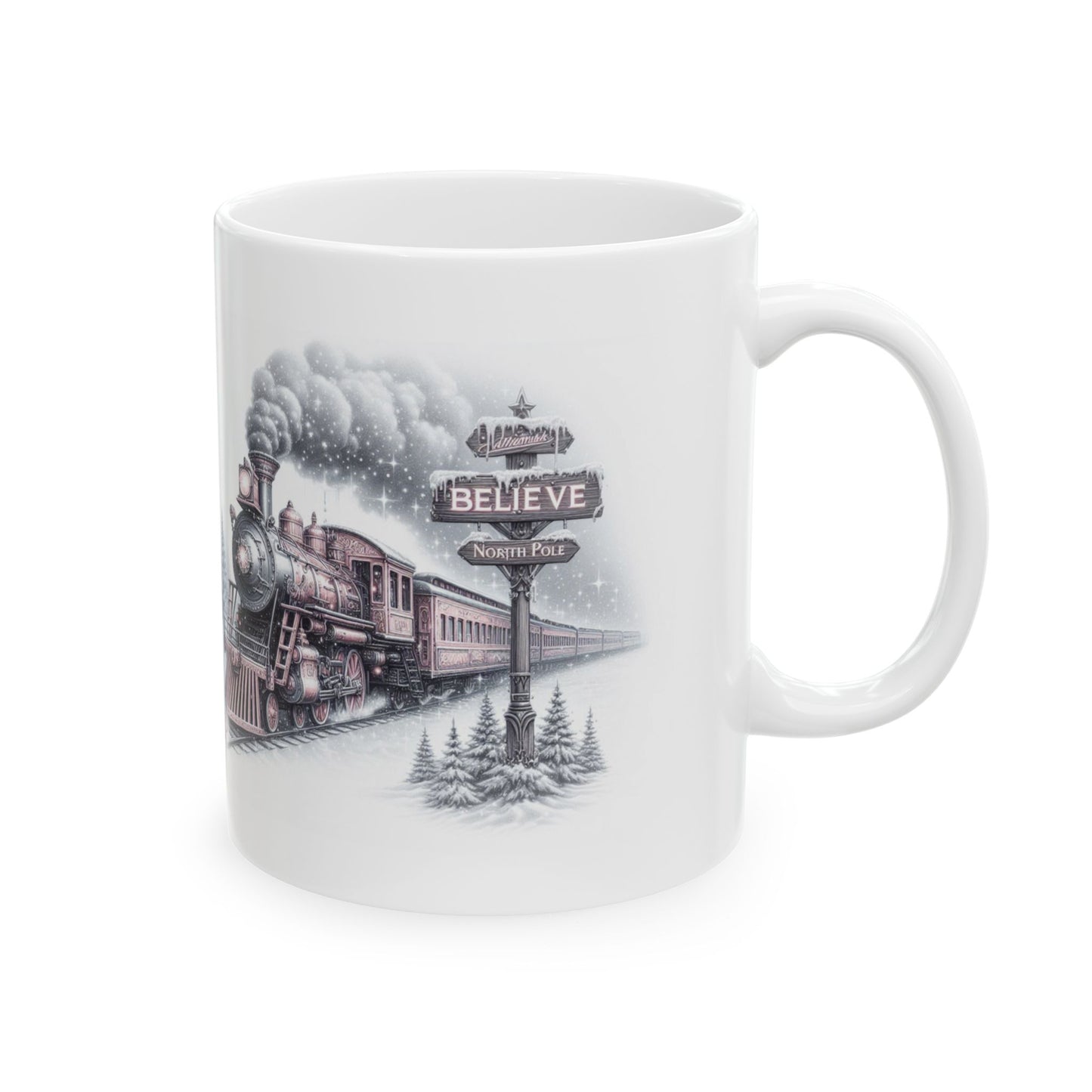 personalised Christmas I believe magical train design mugs