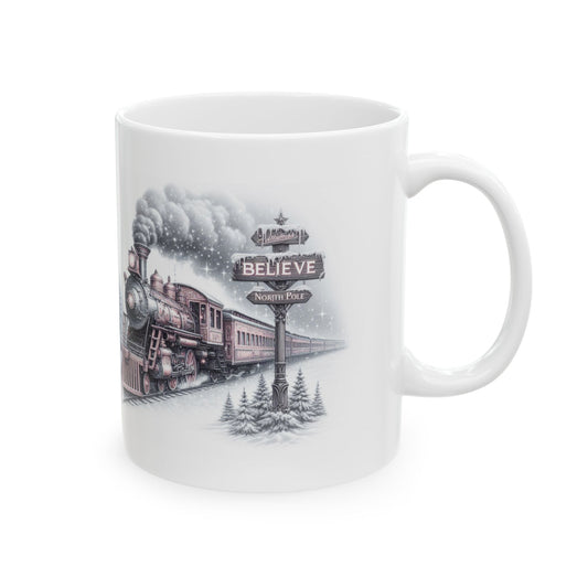 personalised Christmas I believe magical train design mugs